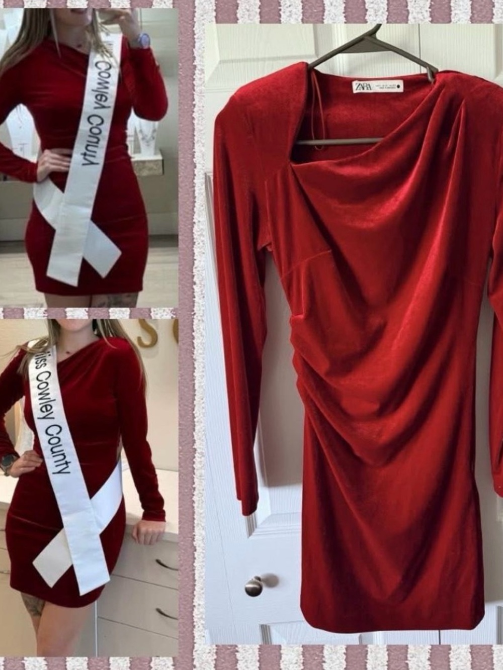Zara Red Long-Sleeve Draped Velvet Dress